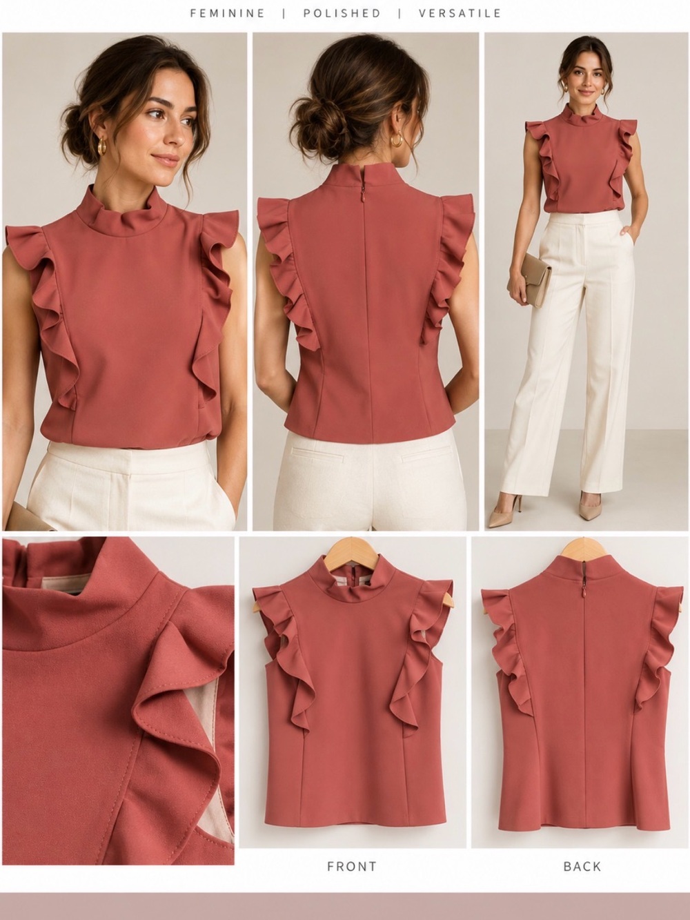 Rebecca Taylor Dusty Rose Ruffle Mock-Neck Shell